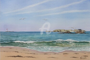 Painting titled "Plage de saint Enog…" by Armelle Cailly, Original Artwork, Watercolor Mounted on Cardboard