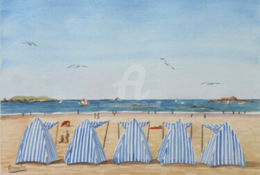 Painting titled "Plage de l'Ecluse" by Armelle Cailly, Original Artwork, Watercolor Mounted on Cardboard
