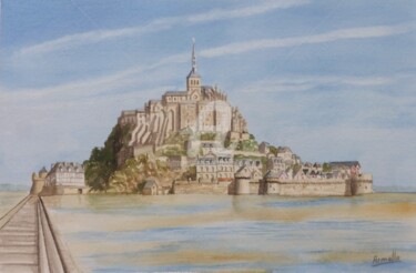 Painting titled "Le Mont Saint Miche…" by Armelle Cailly, Original Artwork, Watercolor Mounted on Cardboard