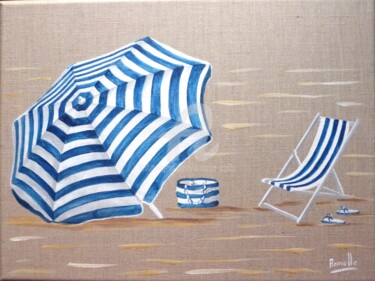Painting titled "Parasol bleu rayé e…" by Armelle Cailly, Original Artwork, Acrylic Mounted on Wood Stretcher frame
