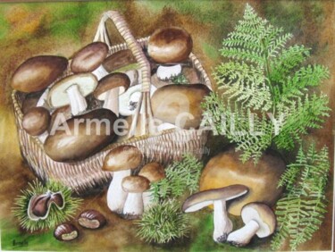Peinture intitulée "panier de cèpes" par Armelle Cailly, Œuvre d'art originale