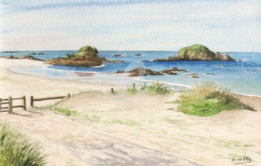 Painting titled "Iles des Chevrets à…" by Armelle Cailly, Original Artwork, Watercolor Mounted on Cardboard