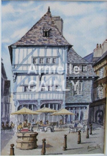 Картина под названием "Dinan Place des Mer…" - Armelle Cailly, Подлинное произведение искусства, Акварель