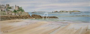 Painting titled "Dinard: plage de l'…" by Armelle Cailly, Original Artwork, Watercolor Mounted on Cardboard