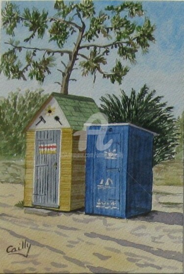 Painting titled "Cabines à Saint Den…" by Armelle Cailly, Original Artwork, Watercolor Mounted on Cardboard