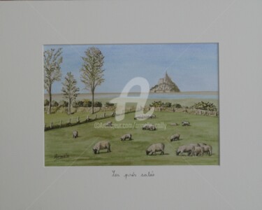 Druckgrafik mit dem Titel "Les moutons des pré…" von Armelle Cailly, Original-Kunstwerk, Digitaldruck Auf Karton montiert