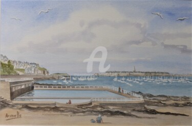 Painting titled "Dinard: la piscine…" by Armelle Cailly, Original Artwork, Watercolor Mounted on Cardboard