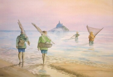 Peinture intitulée "Pêche au dranet" par Armelle Cailly, Œuvre d'art originale, Aquarelle Monté sur Carton