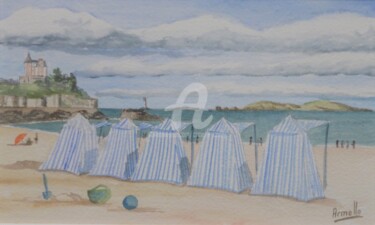 Pintura intitulada "Dinard les tentes l…" por Armelle Cailly, Obras de arte originais, Aquarela Montado em Cartão