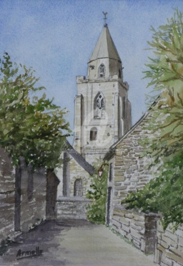 Painting titled "Saint Suliac l'égli…" by Armelle Cailly, Original Artwork, Watercolor Mounted on Cardboard