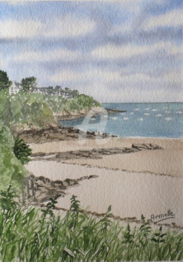 Painting titled "Saint Cast Plage de…" by Armelle Cailly, Original Artwork, Watercolor Mounted on Cardboard