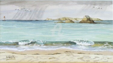 Painting titled "Plage de saint Enog…" by Armelle Cailly, Original Artwork, Watercolor Mounted on Cardboard