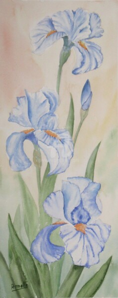 Painting titled "3 iris bleus" by Armelle Cailly, Original Artwork, Watercolor Mounted on Cardboard