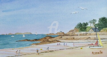 Painting titled "Dinard: plage de Po…" by Armelle Cailly, Original Artwork, Watercolor Mounted on Cardboard