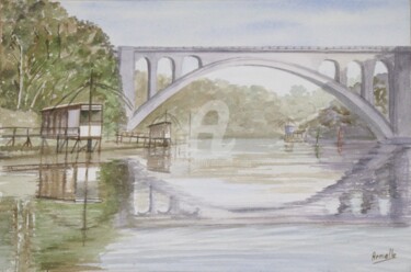Painting titled "Le pont de Lessart…" by Armelle Cailly, Original Artwork, Watercolor Mounted on Cardboard