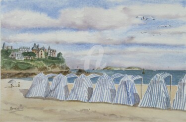Painting titled "Dinard: plage de l'…" by Armelle Cailly, Original Artwork, Watercolor Mounted on Cardboard