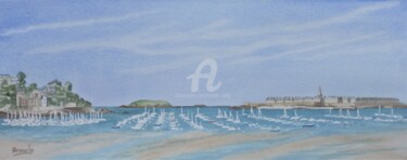 Painting titled "Dinard: plage du Pr…" by Armelle Cailly, Original Artwork, Watercolor Mounted on Cardboard