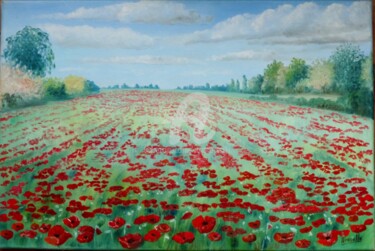 Painting titled "champ de coquelicots" by Armelle Cailly, Original Artwork, Oil Mounted on Wood Stretcher frame