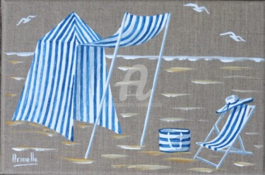 Painting titled "tente et plage bleue" by Armelle Cailly, Original Artwork, Acrylic Mounted on Wood Stretcher frame