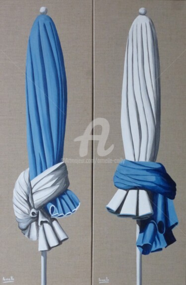 Painting titled "Parasols bleus 30x90" by Armelle Cailly, Original Artwork, Acrylic Mounted on Wood Stretcher frame