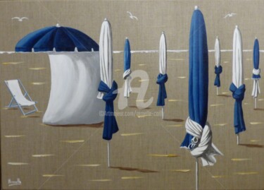 Pittura intitolato "parasols bleus ou r…" da Armelle Cailly, Opera d'arte originale, Acrilico Montato su Telaio per barella…