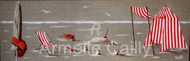 Malarstwo zatytułowany „tente et parasol” autorstwa Armelle Cailly, Oryginalna praca, Akryl Zamontowany na Drewniana rama no…
