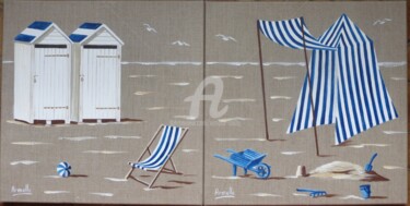 Painting titled "Cabine et tente ble…" by Armelle Cailly, Original Artwork, Acrylic Mounted on Wood Stretcher frame