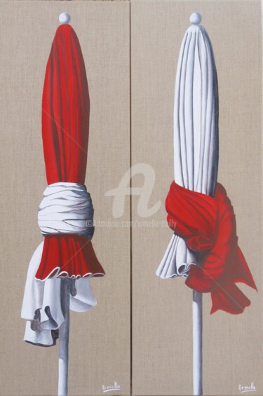 Painting titled "parasols rouges 40x…" by Armelle Cailly, Original Artwork, Acrylic Mounted on Wood Stretcher frame