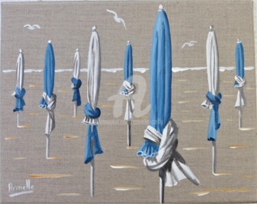 Painting titled "parasols bleus et b…" by Armelle Cailly, Original Artwork, Acrylic Mounted on Wood Stretcher frame