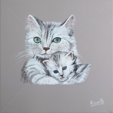 Painting titled "chats" by Armelle Cailly, Original Artwork, Acrylic Mounted on Wood Stretcher frame