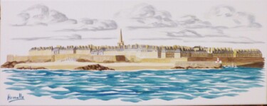Schilderij getiteld "Saint Malo sur fond…" door Armelle Cailly, Origineel Kunstwerk, Acryl Gemonteerd op Frame voor houten b…