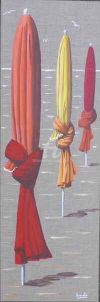 Schilderij getiteld "3 parasols 30x90" door Armelle Cailly, Origineel Kunstwerk, Acryl Gemonteerd op Frame voor houten branc…