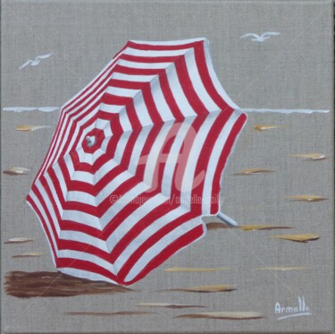 Painting titled "parasol rayé rouge" by Armelle Cailly, Original Artwork, Acrylic Mounted on Wood Stretcher frame
