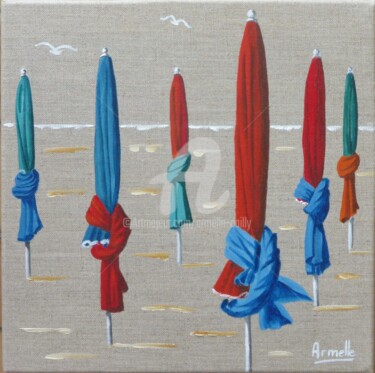Painting titled "Parasols à Deauvill…" by Armelle Cailly, Original Artwork, Acrylic Mounted on Wood Stretcher frame