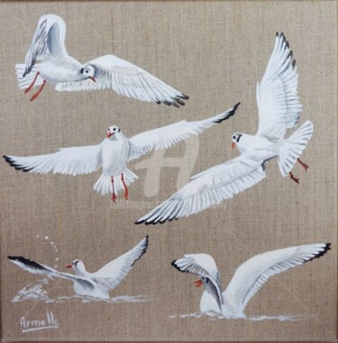 Painting titled "Mouettes" by Armelle Cailly, Original Artwork, Acrylic Mounted on Wood Stretcher frame