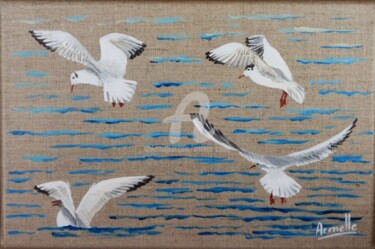 Painting titled "vol de mouettes" by Armelle Cailly, Original Artwork, Acrylic Mounted on Wood Stretcher frame