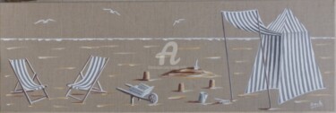 绘画 标题为“tente et transats e…” 由Armelle Cailly, 原创艺术品, 丙烯 安装在木质担架架上