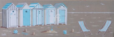 Schilderij getiteld "cabines gris et tur…" door Armelle Cailly, Origineel Kunstwerk, Acryl Gemonteerd op Frame voor houten b…