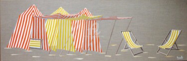 Malerei mit dem Titel "tentes orange et ja…" von Armelle Cailly, Original-Kunstwerk, Acryl Auf Keilrahmen aus Holz montiert