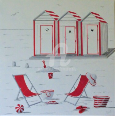 Cabines et transats rouges sur fond blanc Peinture intitulée "Cabines et transats…" par Armelle Cailly (Armelle), Œuvre d'art originale, Acrylique Monté sur Châssis e…