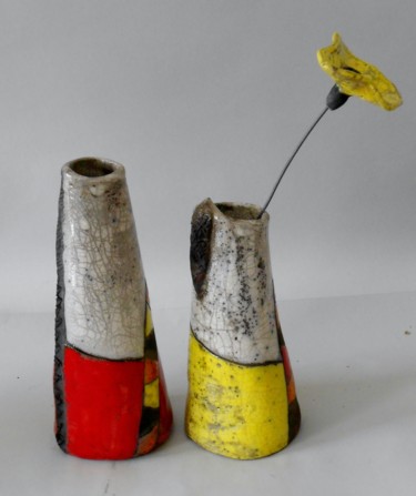 Design intitulée "vase raku jaune et…" par Armelle Colombier, Œuvre d'art originale, Décoration de maison