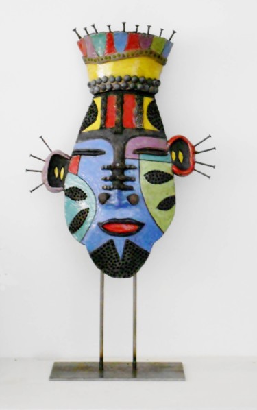 Γλυπτική με τίτλο "masque bleu" από Armelle Colombier, Αυθεντικά έργα τέχνης, Κεραμικά