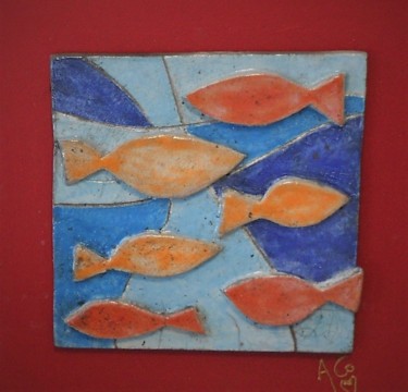 Sculpture titled "tableau poisson abs…" by Armelle Colombier, Original Artwork, Ceramics Mounted on Wood Panel