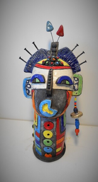 Skulptur mit dem Titel "tête totem bleue" von Armelle Colombier, Original-Kunstwerk, Keramik
