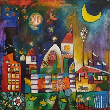 Painting titled "Ville lumineuse" by Armelle Colombier, Original Artwork, Acrylic