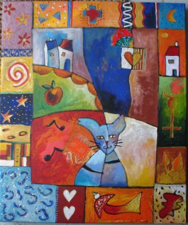 Painting titled "le chat et la pomme" by Armelle Colombier, Original Artwork