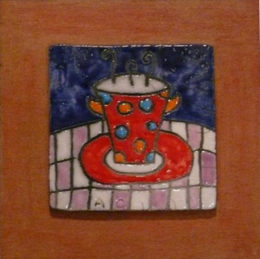 Γλυπτική με τίτλο "plaque tasse rouge" από Armelle Colombier, Αυθεντικά έργα τέχνης, Κεραμικά
