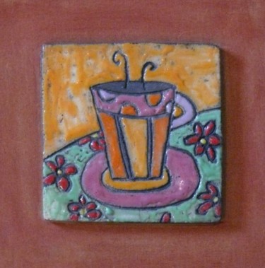 Skulptur mit dem Titel "plaque tasse rose" von Armelle Colombier, Original-Kunstwerk, Keramik