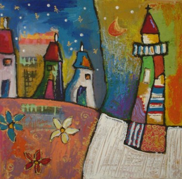 Peinture intitulée "le phare et les tro…" par Armelle Colombier, Œuvre d'art originale, Huile