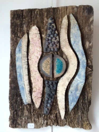 Sculpture titled "Abstraction bleue" by Armelle Colombier, Original Artwork, Ceramics Mounted on Wood Panel